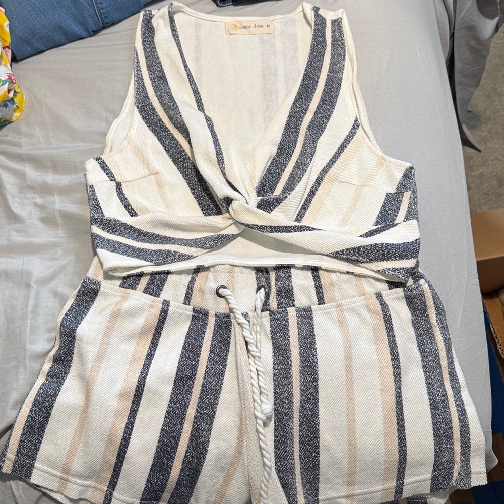 Ocean Drive Striped Sleeveless Romper - Navy and Cream